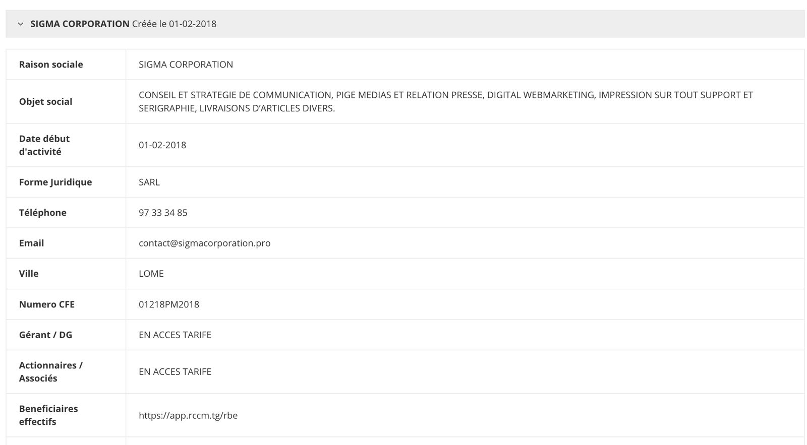 Capture d’écran du site Centre de Formalités des Entreprises (CFE) Togo